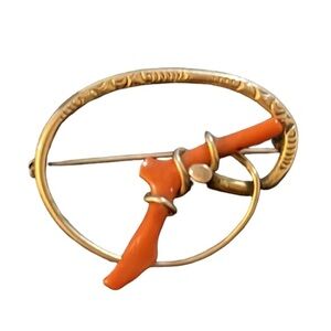 Antique Victorian Gold Filled Natural Coral Branch Love Knot Circle Brooch